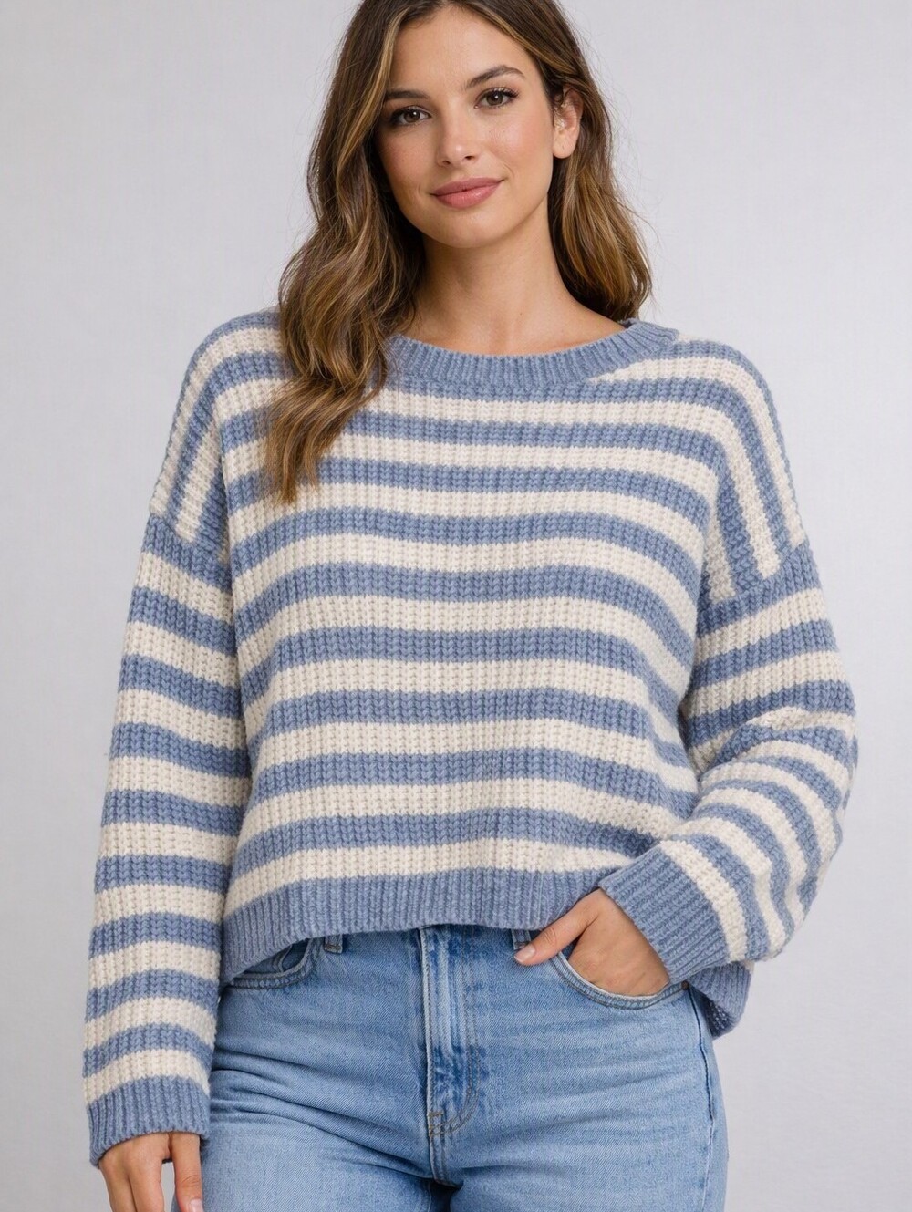 Sadie & Sage Knit Sweater Women's L-XL Blue White Stripes Long Sleeve Soft